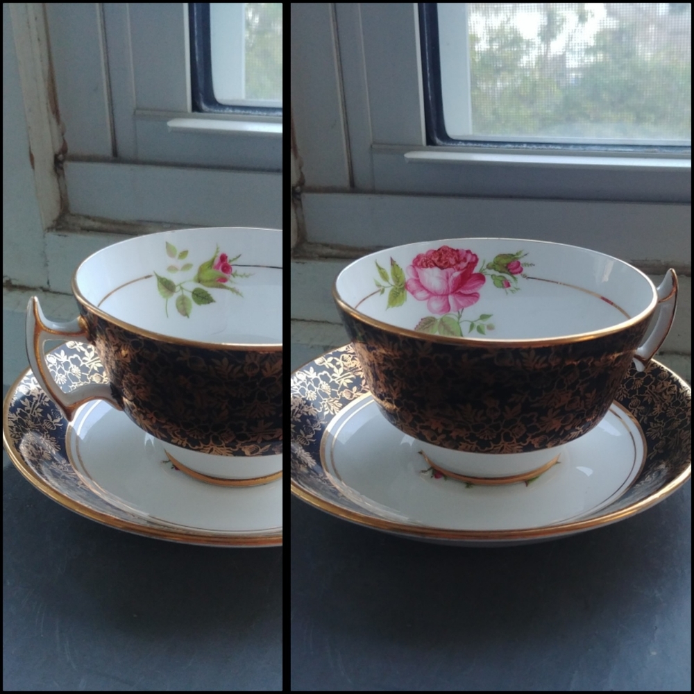 Vintage 40s Phoenix bone China black gold gilt rose print teacup cup saucer set